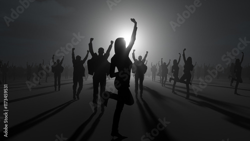 silhouettes of jubilant people on a black background