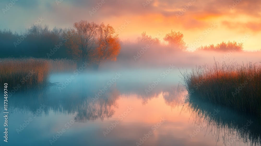 Fototapeta premium A tranquil lake at sunrise with mist, autumn trees, and reflective water, creating a serene and dreamy atmosphere.