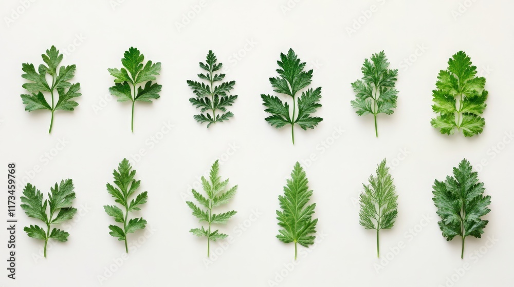Flat-lay parsley leaf collection isolated on white Flat-lay parsley leaf collection isolated on white