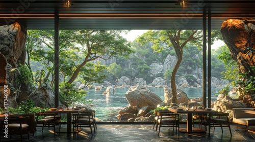 Interior of an Ecological Restaurant in a Tropical Cave. photo