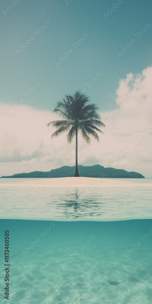 Fototapeta premium Solitary palm tree on pristine island with clear ocean waters
