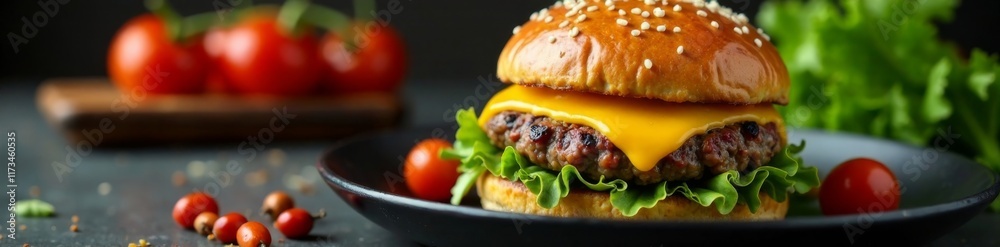 Juicy burger with melted cheese on a dark plate, surrounded by spices and herbs, meal, black background Juicy burger with melted cheese on a dark plate, surrounded by spices and herbs, meal, black background