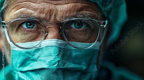 Focused surgeon performing minimally invasive surgery wearing magnifying glasses and gloves Stock Photo with side copy space photo