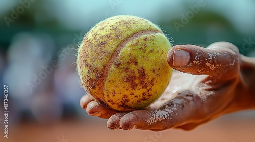 player concentrates intensely while preparing serve ball. bright day highlights determination and skill required professional tennis. photo