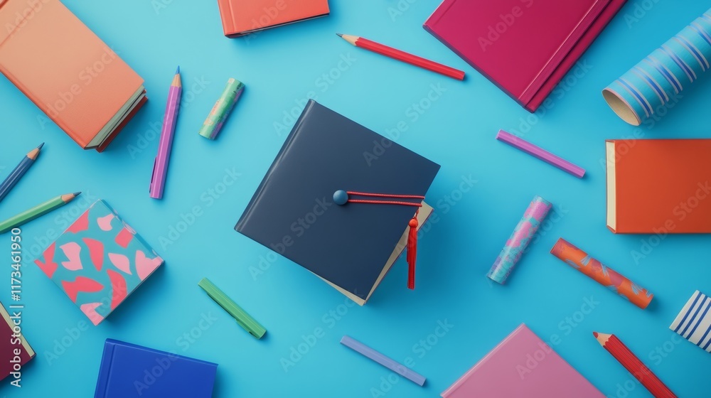 Graduation theme with books, scrolls, and pencils on a blue backdrop. Graduation theme with books, scrolls, and pencils on a blue backdrop.
