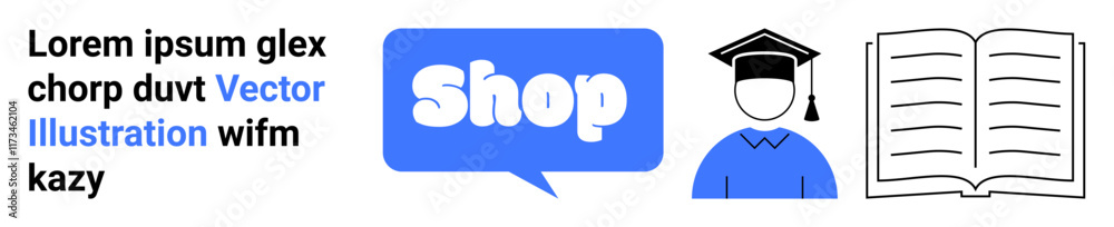 Shopping speech bubble icon, graduate with cap and gown, open book with text placeholder. Ideal for online education platforms, e-learning, bookstores, academic resources, shopping for study Shopping speech bubble icon, graduate with cap and gown, open book with text placeholder. Ideal for online education platforms, e-learning, bookstores, academic resources, shopping for study