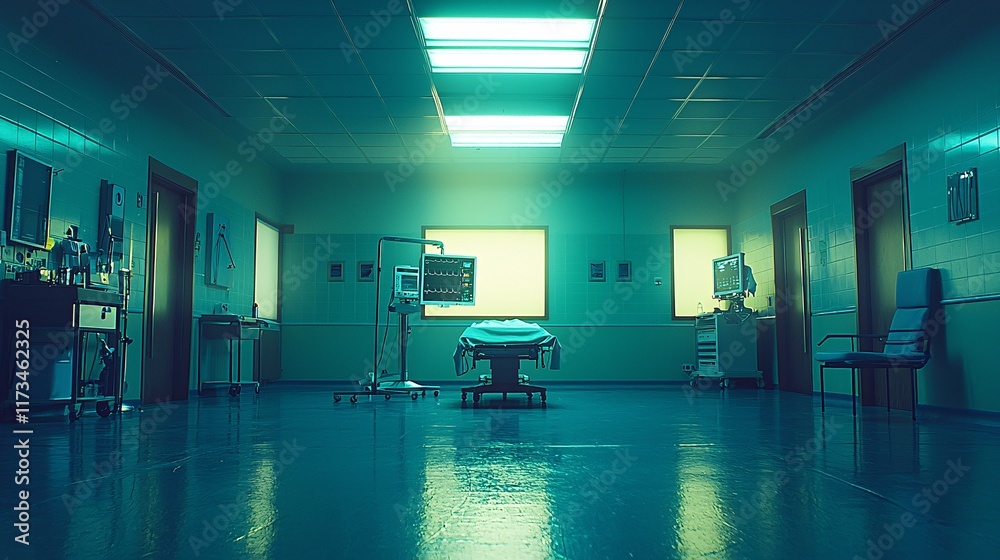 Robotic surgical setup in a well-lit sterile operating room Stock Photo with side copy space Robotic surgical setup in a well-lit sterile operating room Stock Photo with side copy space