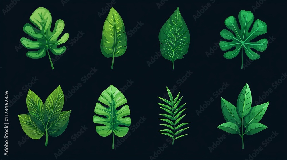 Fototapeta premium Green leaf icon set in flat style for nature-themed designs. 