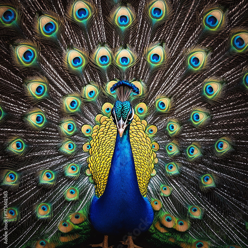 Stunning photographs capturing the elegance and vibrant colors of peacocks. Showcasing their intricate feather patterns, striking tail displays, and graceful movements. Ideal for nature enthusiasts, w photo