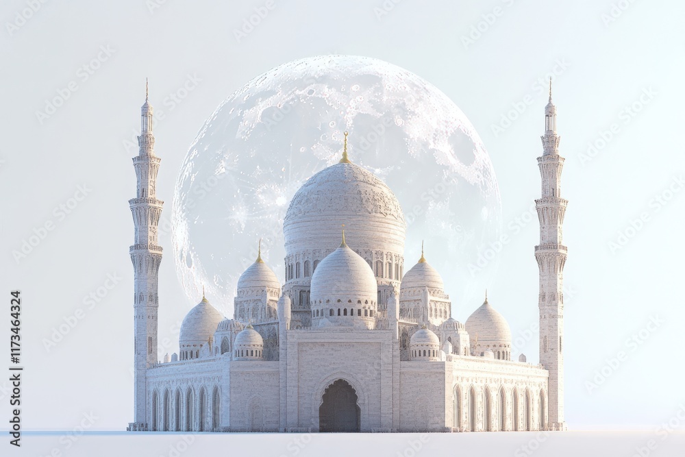 Obraz premium 3D Moon and Mosque Illustration Isolated and White Background