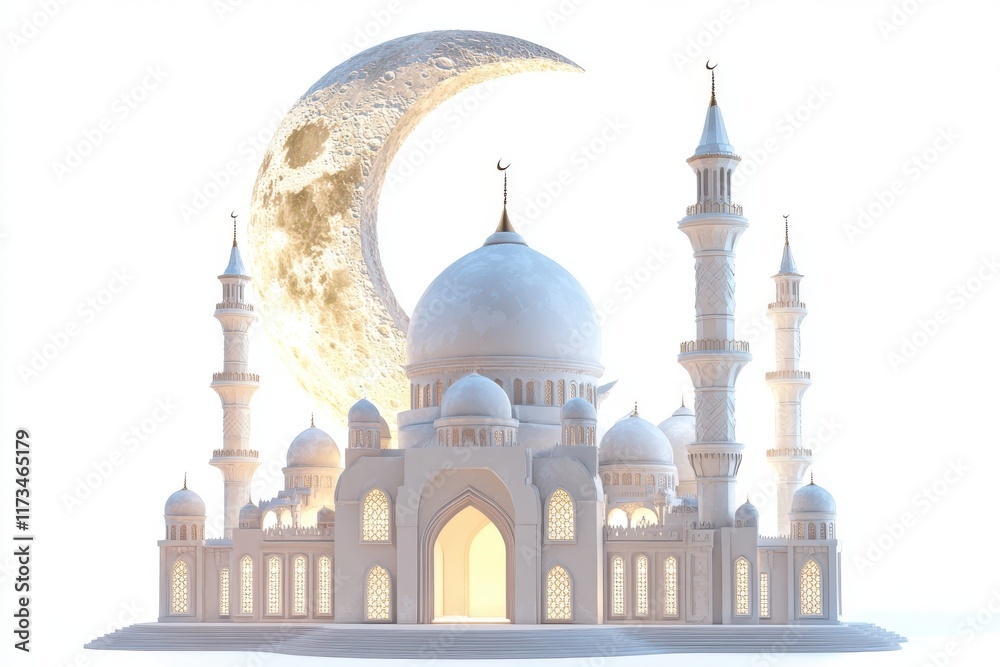 Fototapeta premium 3D Moon and Mosque Illustration Isolated and White Background