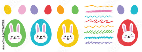 Easter eggs with rabbit head icon cute cartoon set isolated on white background vector illustration. Rabbit character.