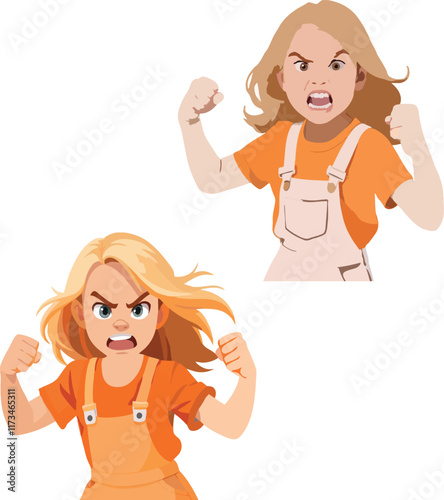 Little girl showing negative emotions, screaming and raising fists