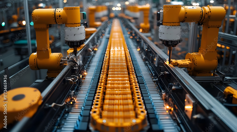 A robotic assembly line with orange conveyor belts and automated arms, showcasing modern industrial automation and efficiency.