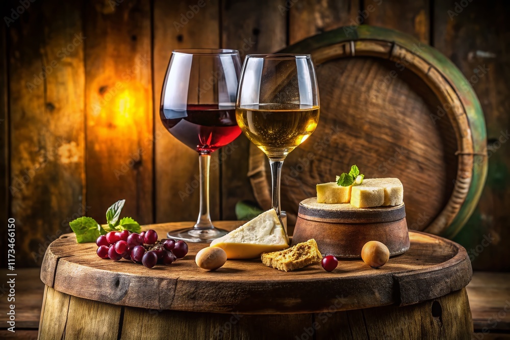 Panoramic Rustic Wine and Cheese Tasting: Red and White Wine with Bread on Old Wooden Barrel Panoramic Rustic Wine and Cheese Tasting: Red and White Wine with Bread on Old Wooden Barrel