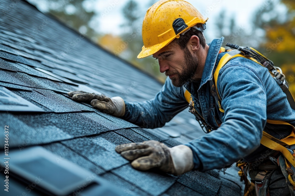 Roof installation on a sunny day with a skilled worker placing shingles carefully Roof installation on a sunny day with a skilled worker placing shingles carefully