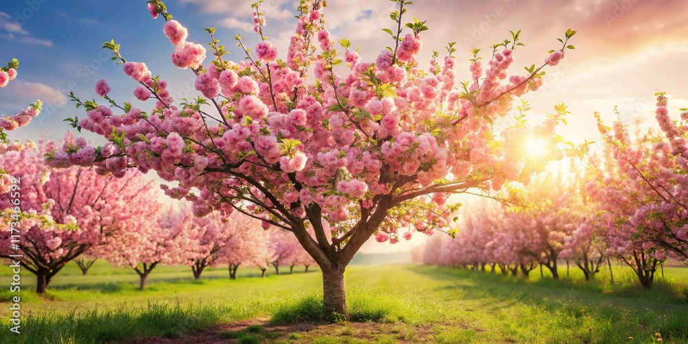Naklejka premium Panoramic Spring Bloom: Delicate Rosebud Tree Flowers in Full Sunlight