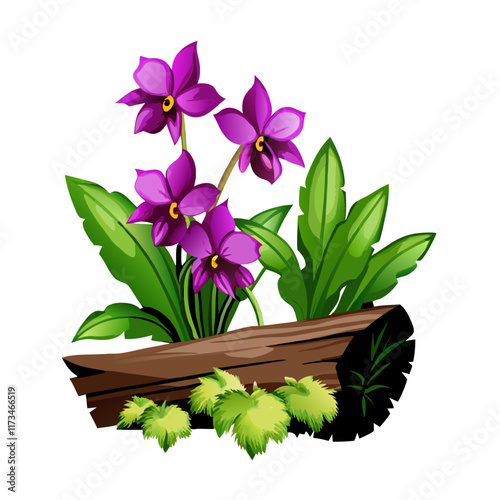 Purple orchid flowers and log on white vector illustration (6)