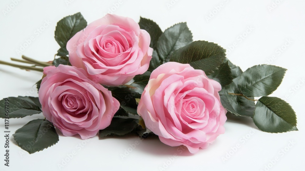 Fototapeta premium Pink roses with leaves arranged flat on a white background. 