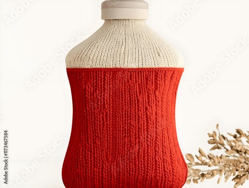 red and cream knitted hot water bottle cover with a ribbed texture, displayed against a neutral background. photo