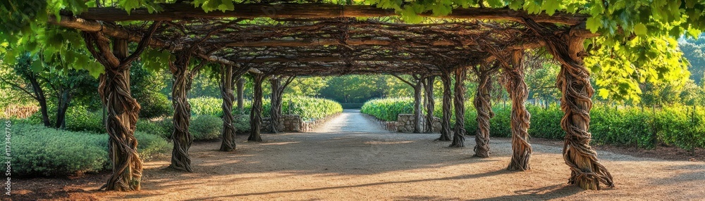 An umbrella of twisted vines creating a shaded canopy, rustic and organic An umbrella of twisted vines creating a shaded canopy, rustic and organic