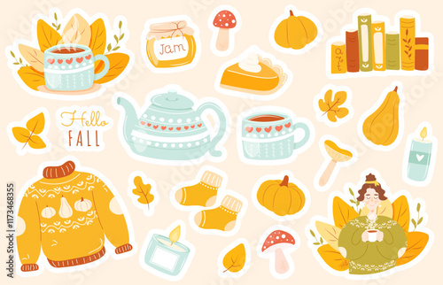 Set of cozy autumn stickers with cute seasonal vector elements - pumpkin, leaves, fall mug with tea or coffee, pumpkin pie, girl in warm sweater, teapot, hello fall, mushrooms, socks, books and so on