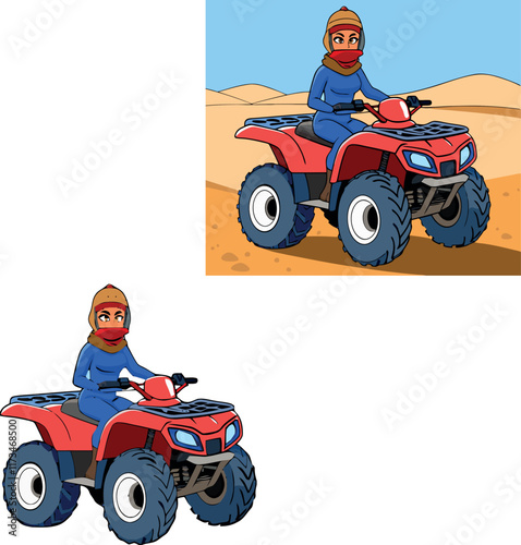 Woman riding quad bike in desert adventure illustration