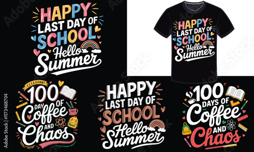 Last Day of School and 100 Days Celebration T-Shirt Design Bundle, Vibrant Summer and School Themes