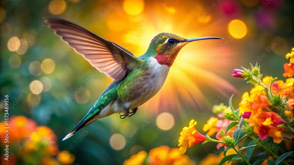 Fototapeta premium Panoramic View of a Vibrant Hummingbird in Flight, Nectar-Seeking