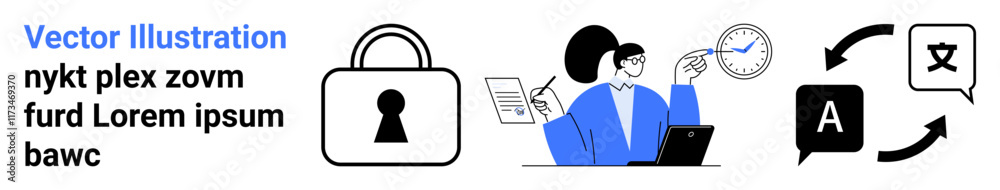 Lock icon, person working with documents and laptop, clock, language translation symbols. Ideal for security, time management, multi-language support, documentation processes, workflow automation Lock icon, person working with documents and laptop, clock, language translation symbols. Ideal for security, time management, multi-language support, documentation processes, workflow automation