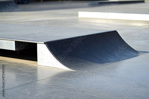 Close-up view of a skatepark ramp highlighting the textures of metal and concrete surfaces, suggesting a space designed for skateboarding and urban sports photo