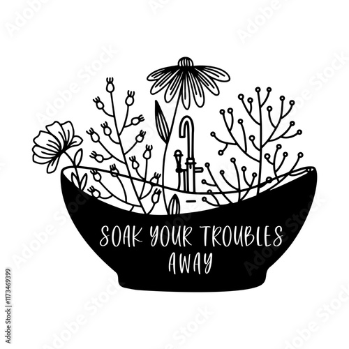 Lighthearted bathroom quote in clean typography, a fun addition to any space, available in vector image format. soak your troubles away quote