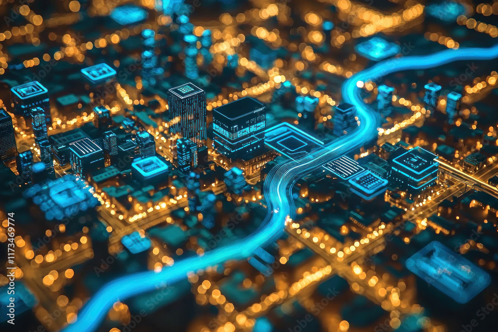 Glowing data stream flows through futuristic city at night, smart city concept Glowing data stream flows through futuristic city at night, smart city concept
