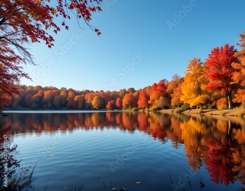 Serene Lakeside Scene in Autumn with Fiery Foliage Reflected in Calm Waters Under a Clear Blue Sky
