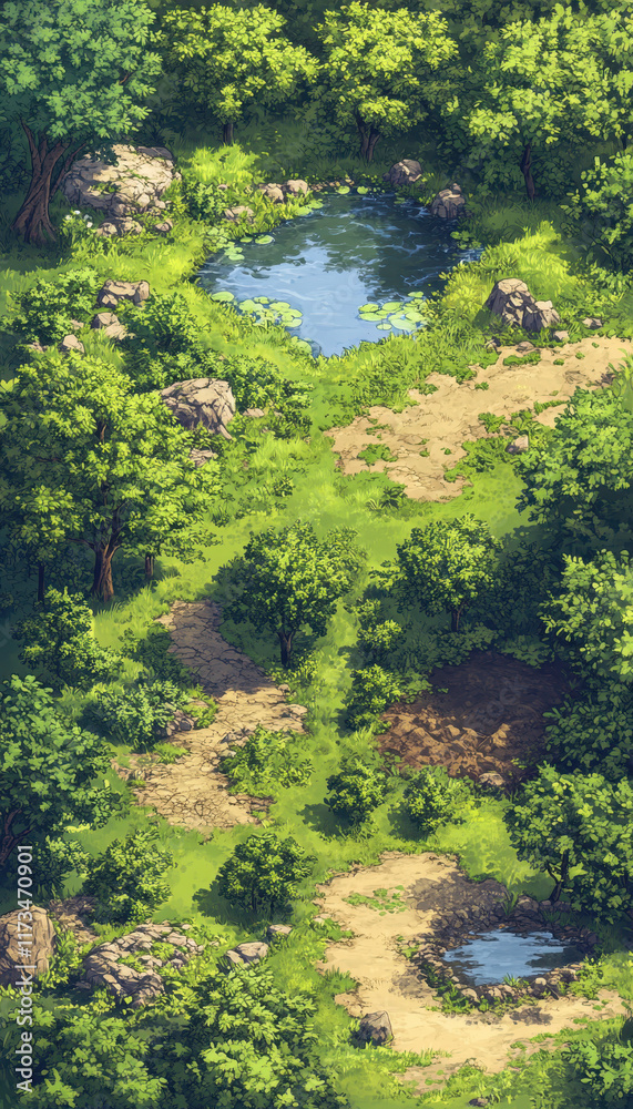 Isometric Tile Grid of Nature Scene Elements Isometric Tile Grid of Nature Scene Elements