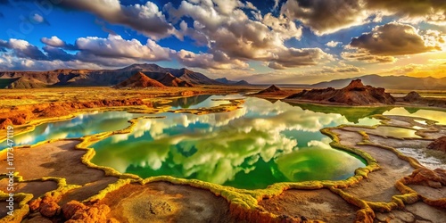 Panoramic View of Lake Afrera, Danakil Depression, Ethiopia: Volcanic Landscape & Salt Flats photo