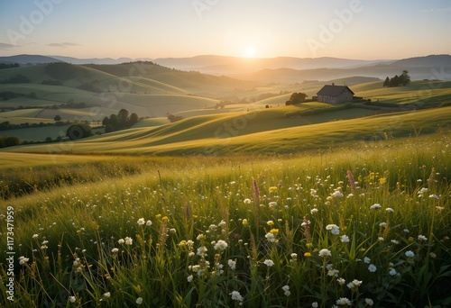 Tranquil Countryside at Dawn with Rolling Hills, Wildflowers, and a Quaint Farmhouse in Golden Light