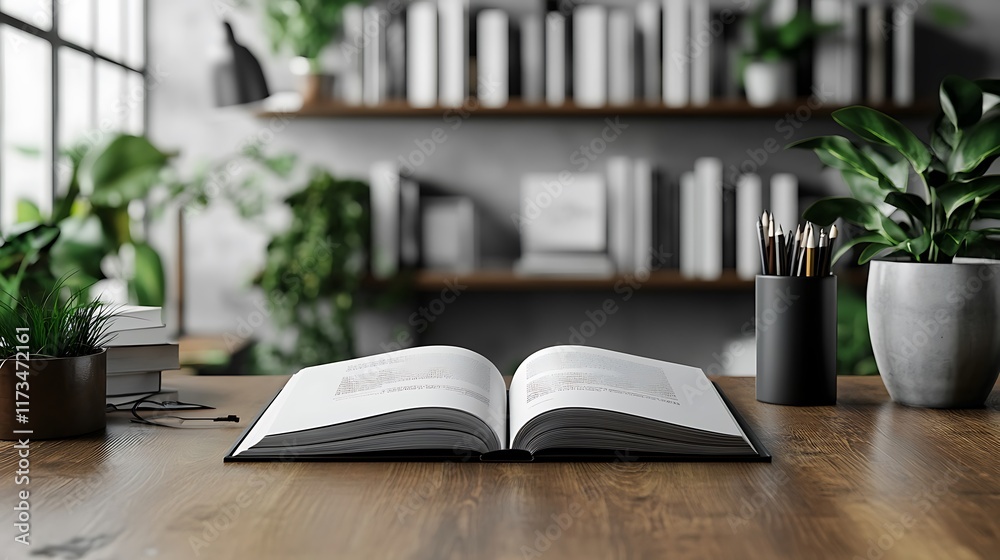 Open book on a wooden desk with plants, pencils, and glasses, blurred bookshelf in background. Open book on a wooden desk with plants, pencils, and glasses, blurred bookshelf in background.