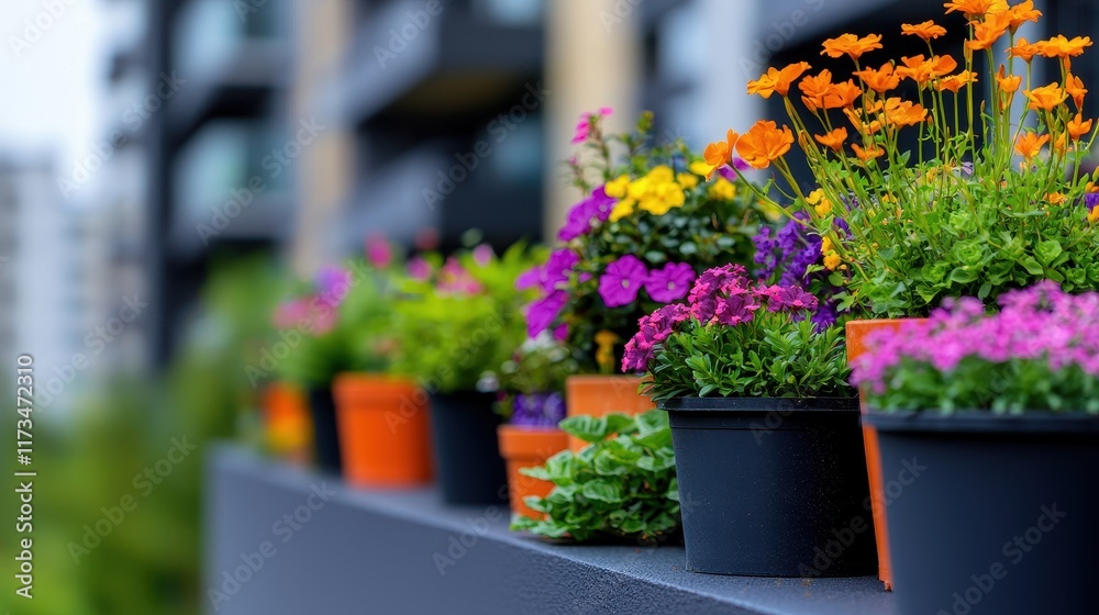 Fototapeta premium Vibrant Flower Pots Lined on a Railing with Urban Background