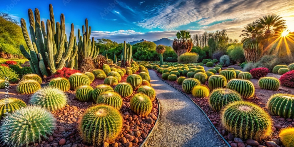 Fototapeta premium Panoramic View of Succulent Cactus Rows in a Desert Garden