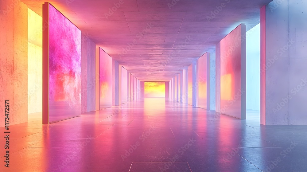 Vibrant and Symmetrical Architectural Corridor with Captivating Lighting