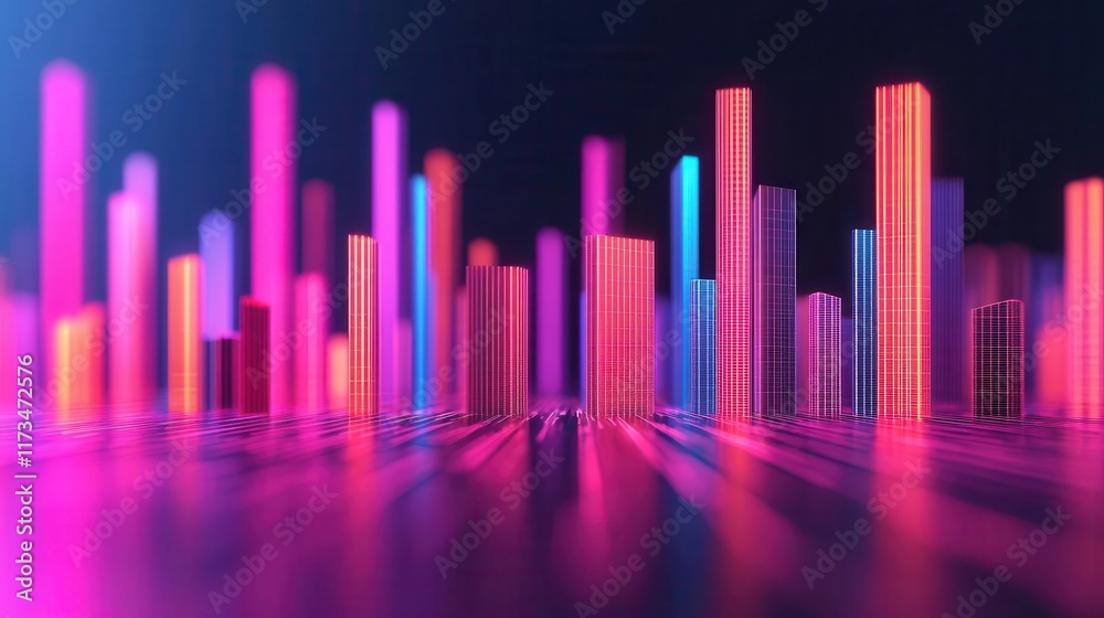 Abstract financial landscape with buildings representing sectors, each building glowing based on performance data Abstract financial landscape with buildings representing sectors, each building glowing based on performance data