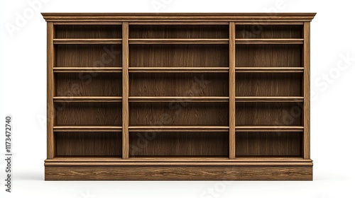 Empty wooden bookcase on white background, ready for library or study.