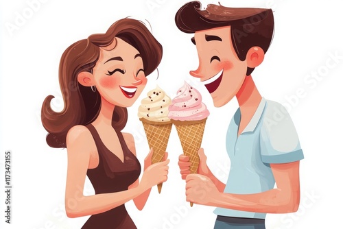 Happy Couple Enjoying Ice Cream Cones in a Cute Cartoon Style