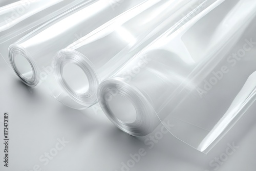 Three rolls of transparent plastic film resting on a white surface, highlighting their modern industrial aesthetic and versatility for packaging and protection