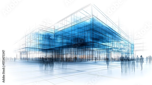 Futuristic architectural blueprint rendering of a modern minimalist corporate office building with a sleek geometric glass and steel facade  The conceptual urban landscape showcases a dynamic