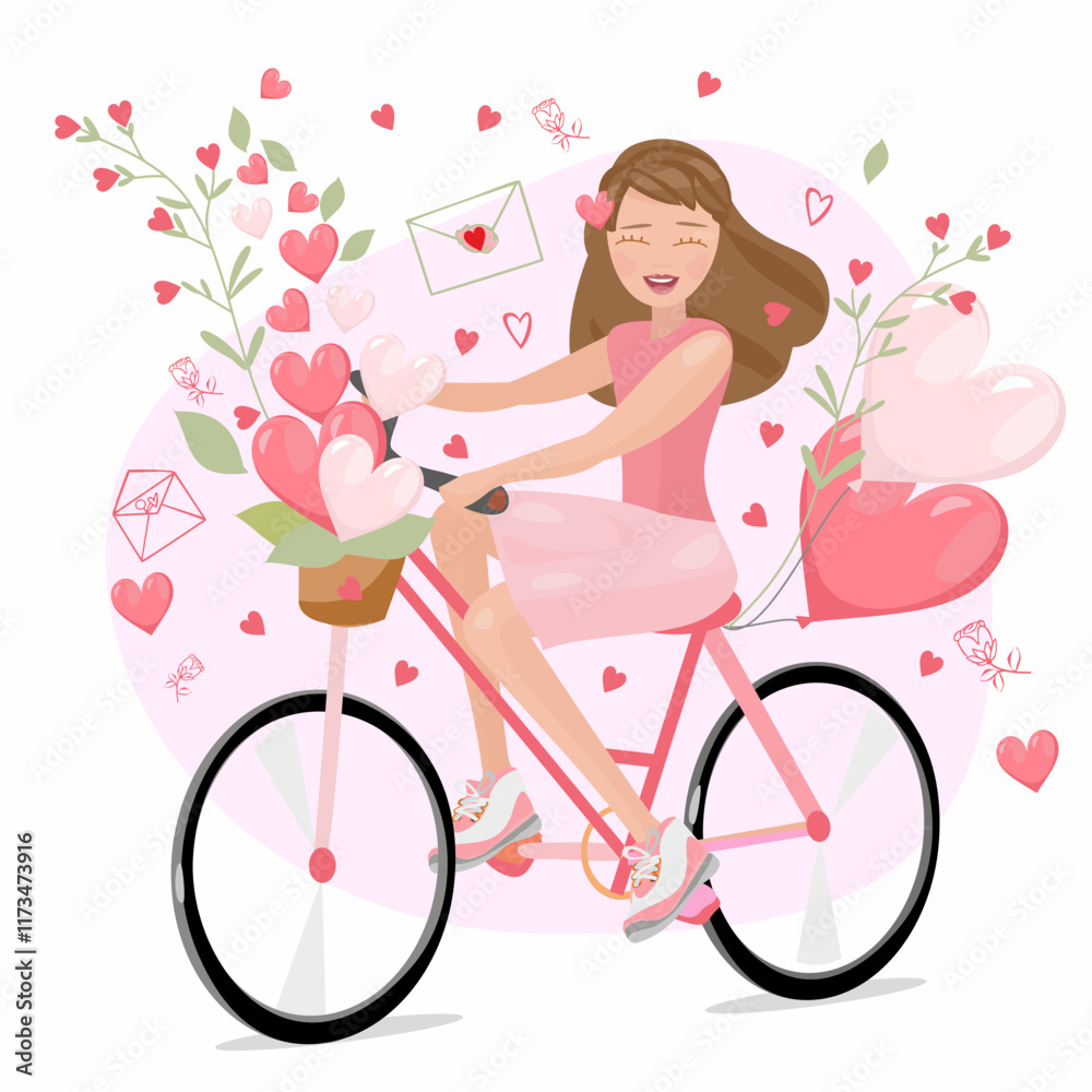 Happy girl rides bicycle with pink heart shaped balloons. Love romantic concept card. Hearts, love. Happy valentine's day, vector illustration Happy girl rides bicycle with pink heart shaped balloons. Love romantic concept card. Hearts, love. Happy valentine's day, vector illustration