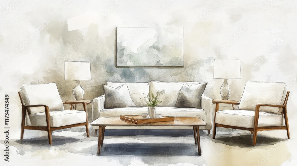 Fototapeta premium A white sofa is in the middle of a room with two chairs on either side. A coffee table is in front of the sofa