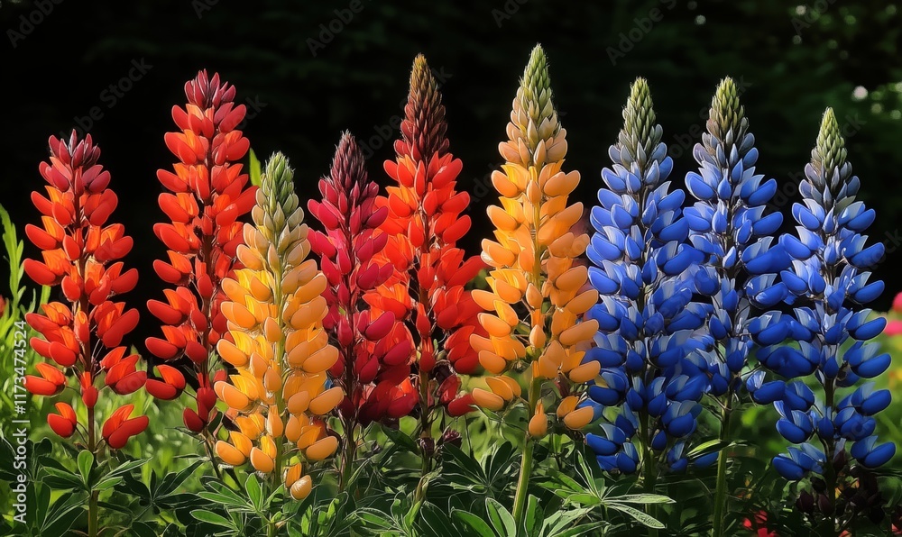 Vibrant Lupine Flowers in Vivid Colors Displaying Red, Orange, Yellow, Blue, and Purple Shades Vibrant Lupine Flowers in Vivid Colors Displaying Red, Orange, Yellow, Blue, and Purple Shades