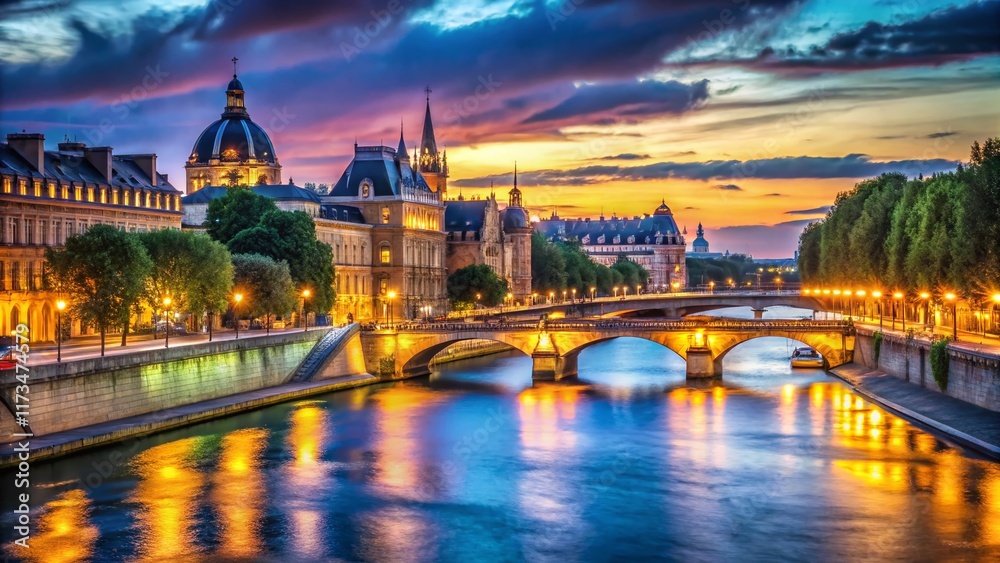 Fototapeta premium Parisian Nightscape: Right Bank, Courthouse & Seine River Illumination